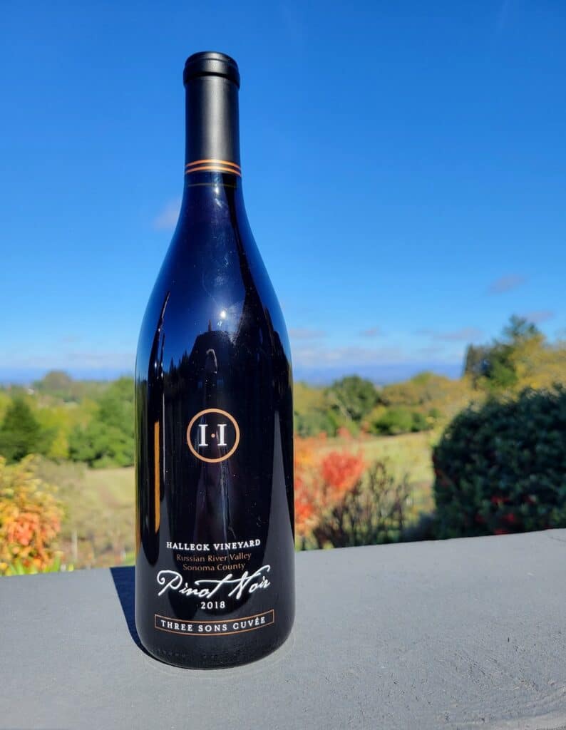 The Halleck Vineyard Three Sons Cuvee Pinot Noir 2018 from the Russian River Valley on Sonoma County, an AVA known for growing exceptional Pinot Noir grapes.