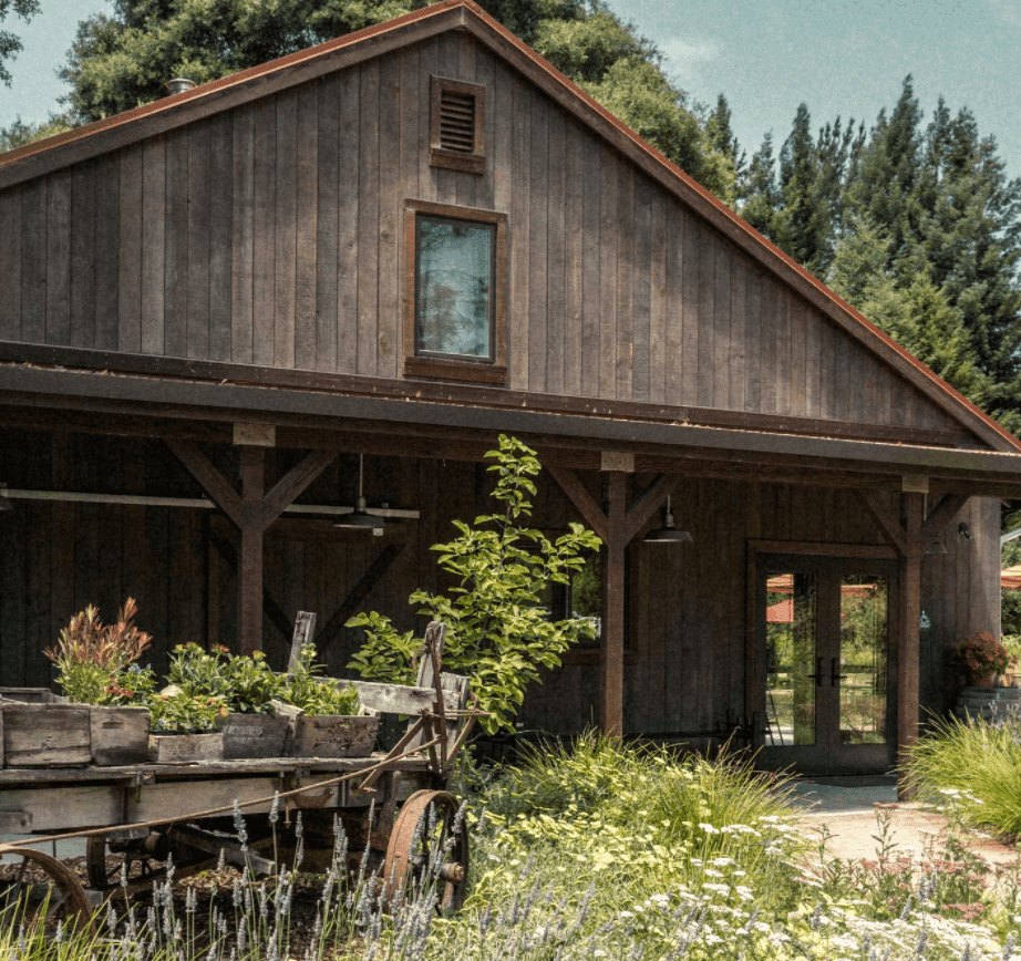 Outside the rustic Sebastopol wine tasting room at the Horse and Plow in Sebastopol