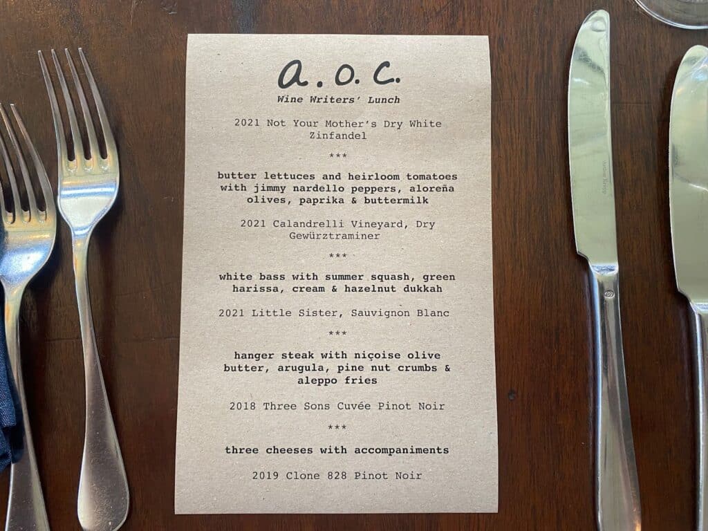 Food And Wine Pairing Sonoma Whites Pinots At Aoc With Menu